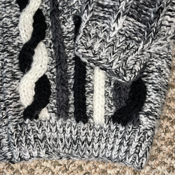 Vintage 80s Street Scenes Chunky Knit Leather Patches Cardigan - Black & White - Picture 8 of 15